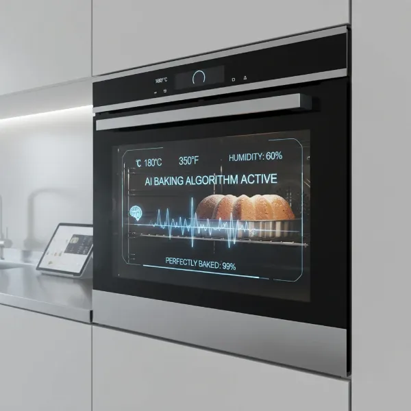 AI-controlled smart oven meticulously baking a perfect cake with internal sensors visible