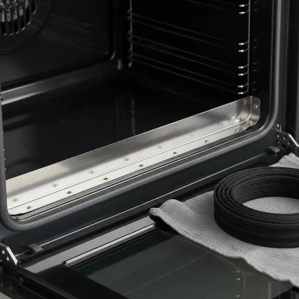 An oven door with the old gasket removed, revealing a clean and empty channel ready for a new gasket installation.