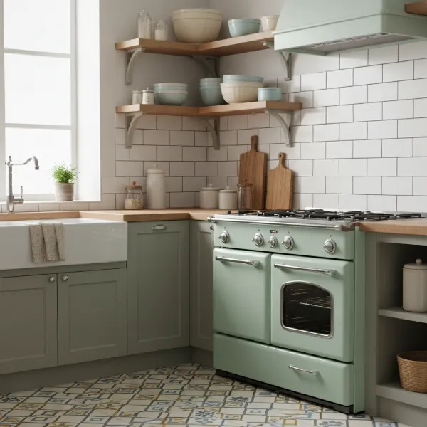 A vibrant, pastel-colored retro oven as the centerpiece of a charming vintage kitchen.