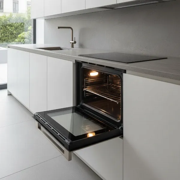 Dacor Modernist Single Wall Oven with sleek graphite stainless steel finish and illuminated interior