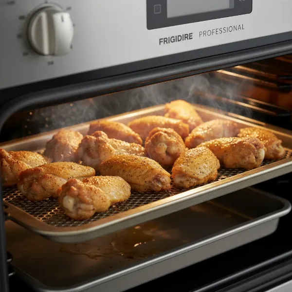 Close-up of crispy chicken wings being air-fried inside a Frigidaire Professional oven, highlighting the integrated Air Fry feature and delicious results. 