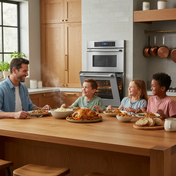 A family enjoying a meal prepared with a Frigidaire Professional single wall oven in a warm, inviting kitchen setting. 