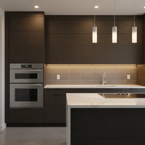 A modern kitchen featuring a sleek Frigidaire Professional single wall oven integrated into cabinetry, showcasing its elegant design and stainless steel finish. 