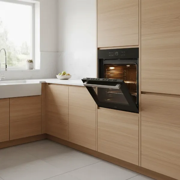 A Hotpoint 30-inch electric wall oven seamlessly integrated into a modern kitchen, showcasing its sleek design.