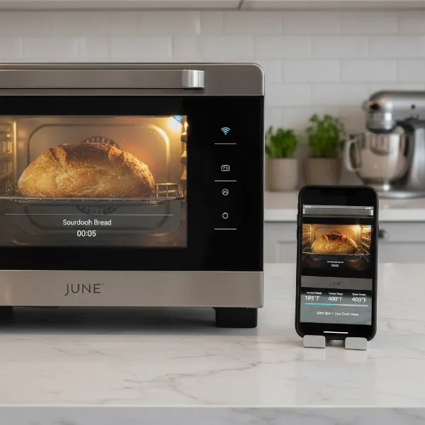 June Oven (2nd-gen) demonstrating smart food recognition with Wi-Fi monitoring