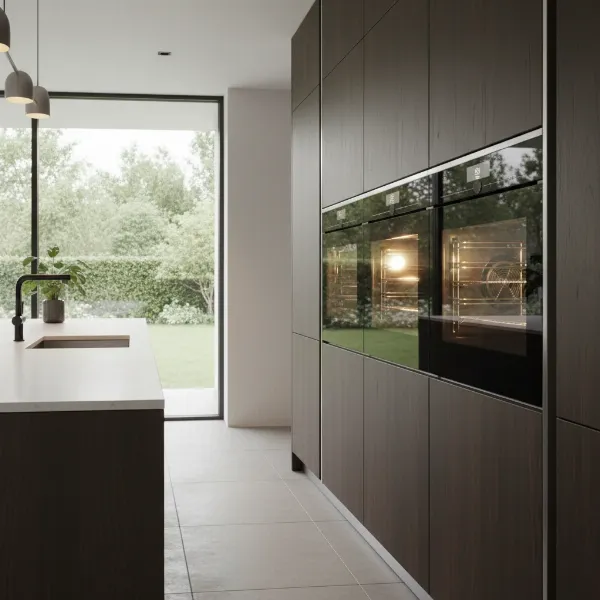 A Miele H7860BP handleless smart oven seamlessly integrated into a luxurious, modern kitchen with minimalist design, showcasing its sleek glass front and illuminated interior.