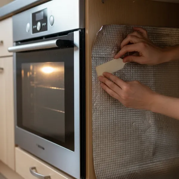A person installing an adhesive heat shield on the side of a kitchen cabinet next to an oven to protect it from heat damage.