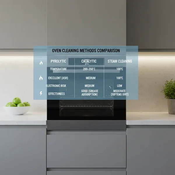 A comparison chart of different oven cleaning methods and their impact on electronics.