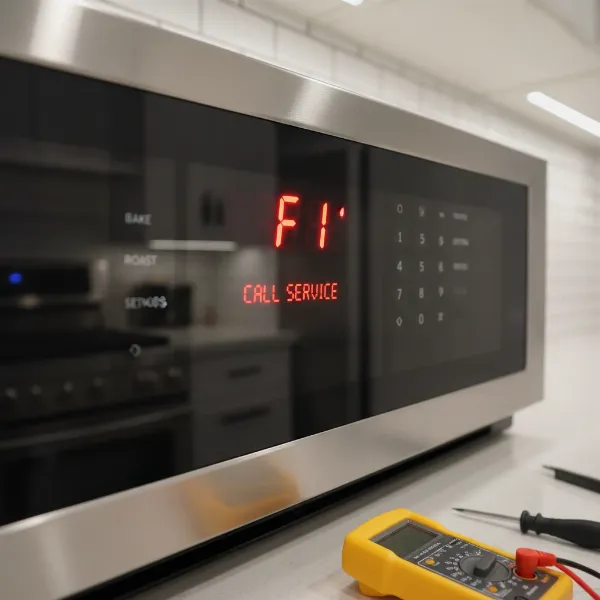 Close-up of an oven control panel displaying an F1 error code with tools for DIY repair in the foreground