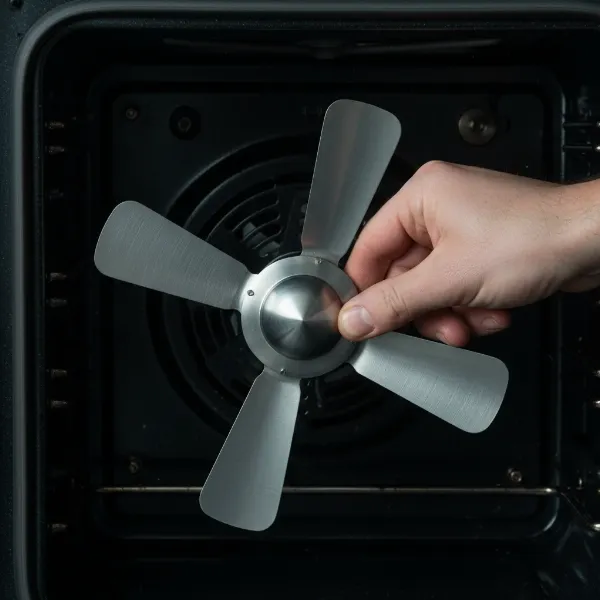 Close-up of an oven convection fan being inspected for looseness, showing a hand gently wiggling the blade.