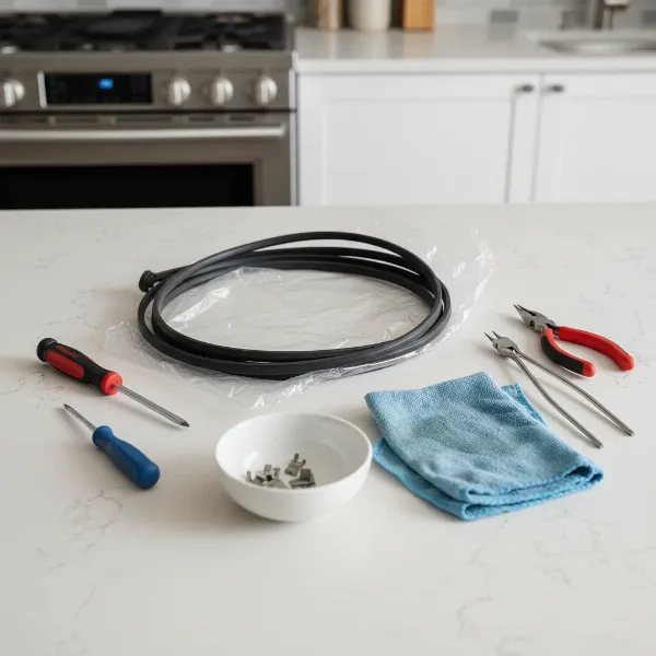 An assortment of tools neatly laid out for an oven gasket replacement, including screwdrivers, pliers, cleaning cloth, and a new gasket.