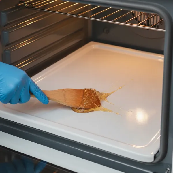 A person carefully scraping melted plastic from the bottom of an oven with a wooden spatula
