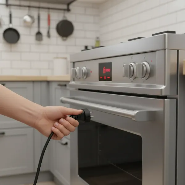 An illustration of a hand unplugging an oven from an electrical outlet, symbolizing a power reset to unlock a stuck oven door.
