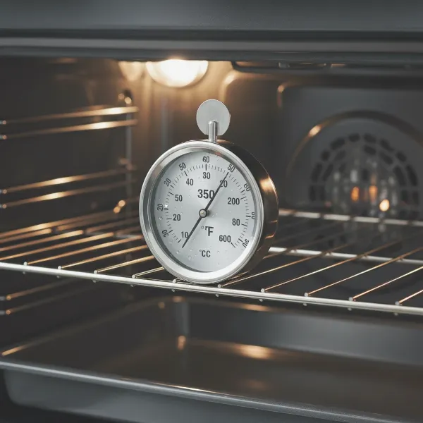 A close-up of an oven thermometer inside a preheating oven, showing a temperature reading for calibration.