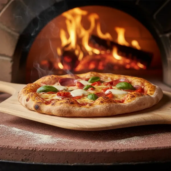 A perfectly cooked pizza with a crispy crust on a pizza stone, being pulled from a hot oven with a pizza peel. 