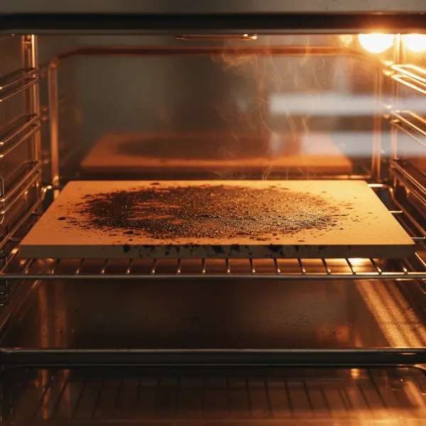 A dark, well-seasoned pizza stone sitting on an oven rack in a hot, glowing oven, ready for use. 