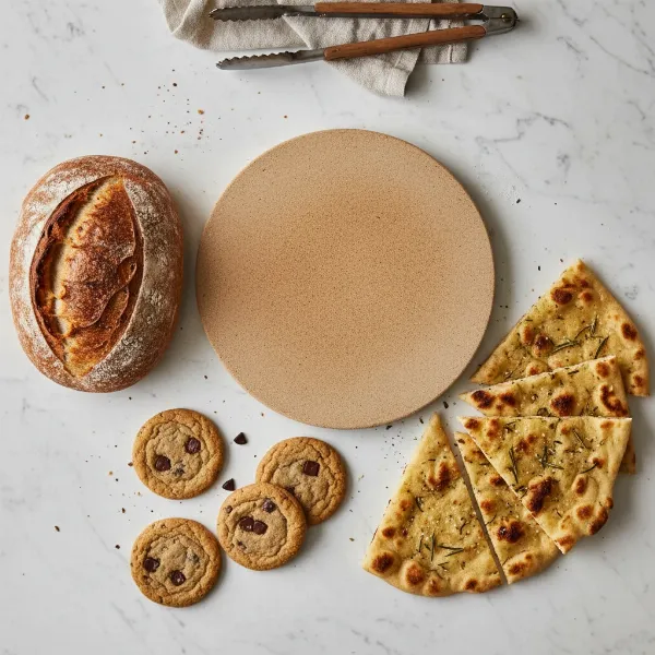 A variety of baked goods, including bread loaves and cookies, arranged around a pizza stone, showcasing its versatility. 
