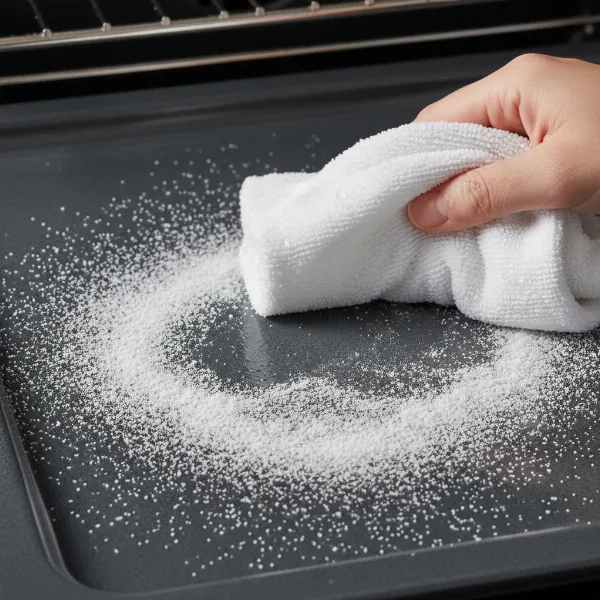 A close-up image of fine, white ash inside an oven after a pyrolytic cleaning cycle, ready to be wiped away.