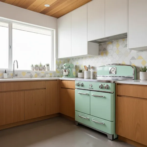 A sleek retro-style oven in a mid-century modern kitchen design.