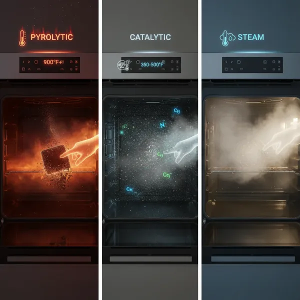 Various types of self-cleaning ovens and their cleaning mechanisms, highlighting pyrolytic, catalytic, and steam methods.