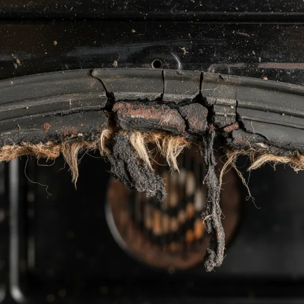 Close-up of a damaged and worn oven door gasket seal, showing cracks and frayed areas on a dark oven interior.